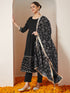 Janasya Women's Black Rayon Gold Printed Anarkali Kurta Set